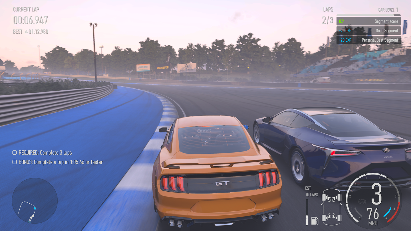 A screenshot of Forza Motorsport (2023) showing a Ford Mustang GT attempting to overtake a Lexus LC500 in a corner.