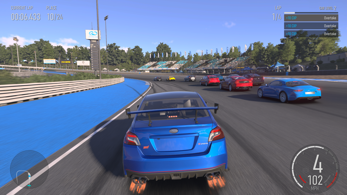A screenshot of Forza Motorsport (2023) showing a Subaru WRX STI S209 entering the first corner during a race.