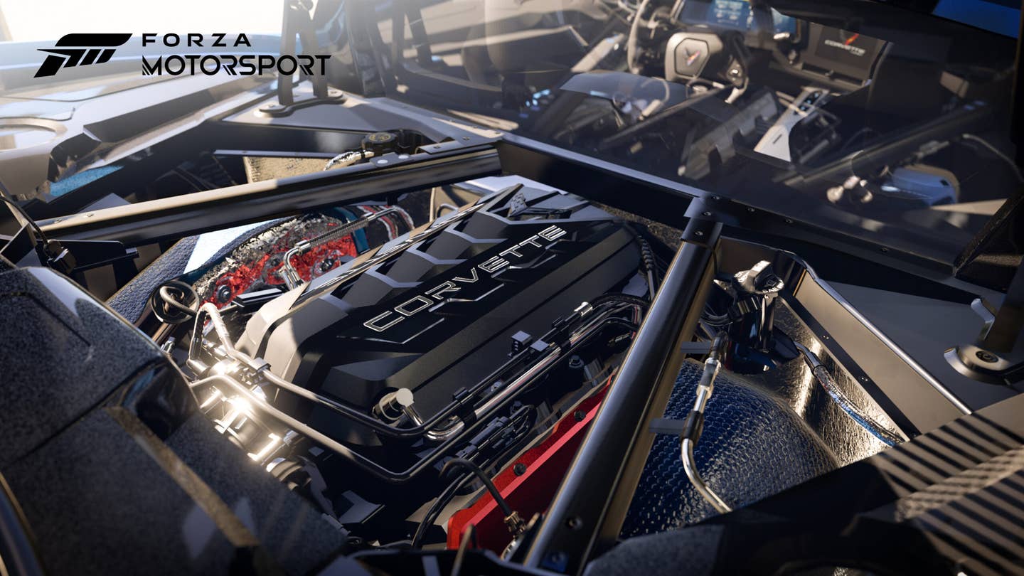 Engine bay of a Corvette C8 in a Forza Motorsport press image.