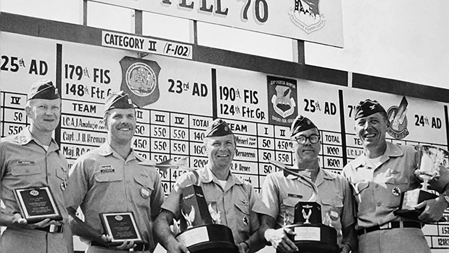 Personnel from the 119th Fighter Wing North Dakota Air National Guard with winning trophies at William Tell 1970. <em>USAF</em>