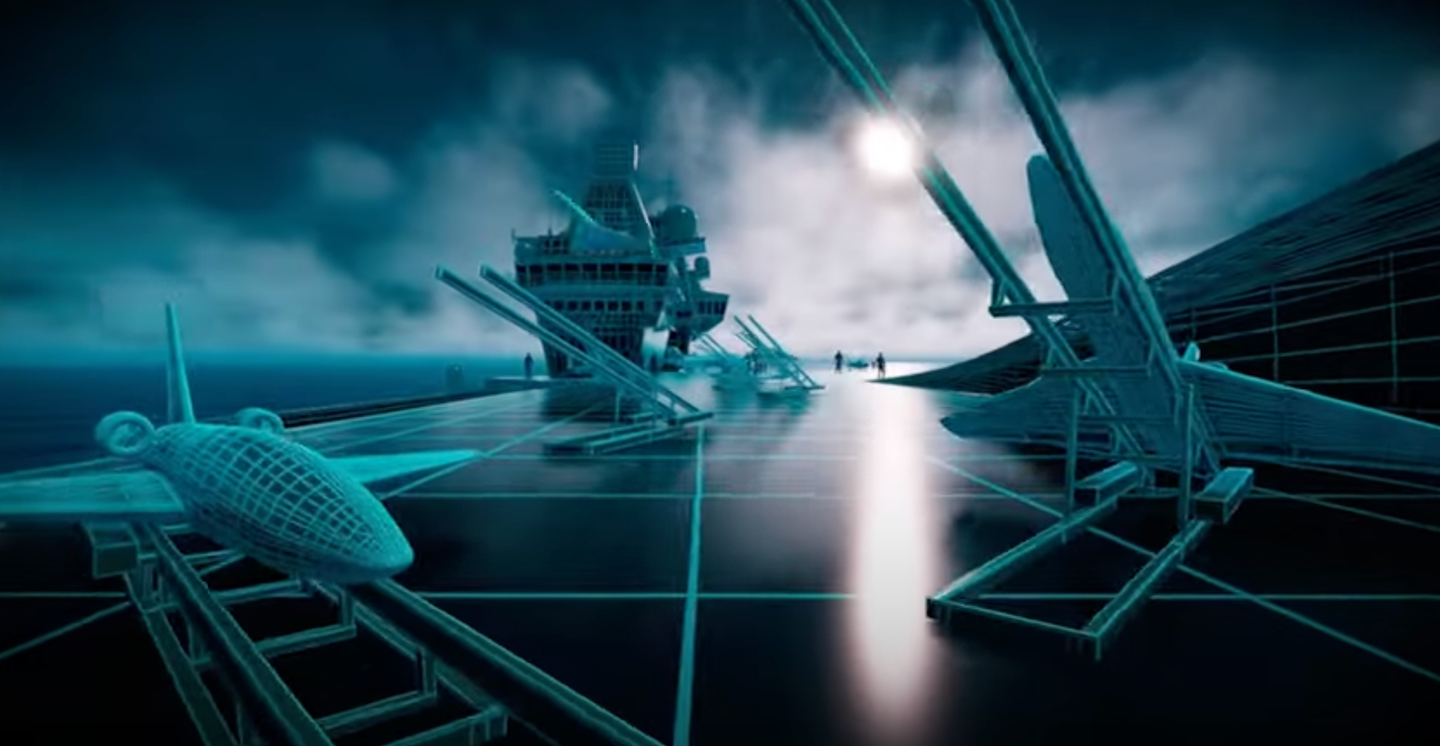 Launchers for Jackdaw arranged on an aircraft carrier, adjacent to the ‘ski-jump’ ramp. <em>QinetiQ</em>