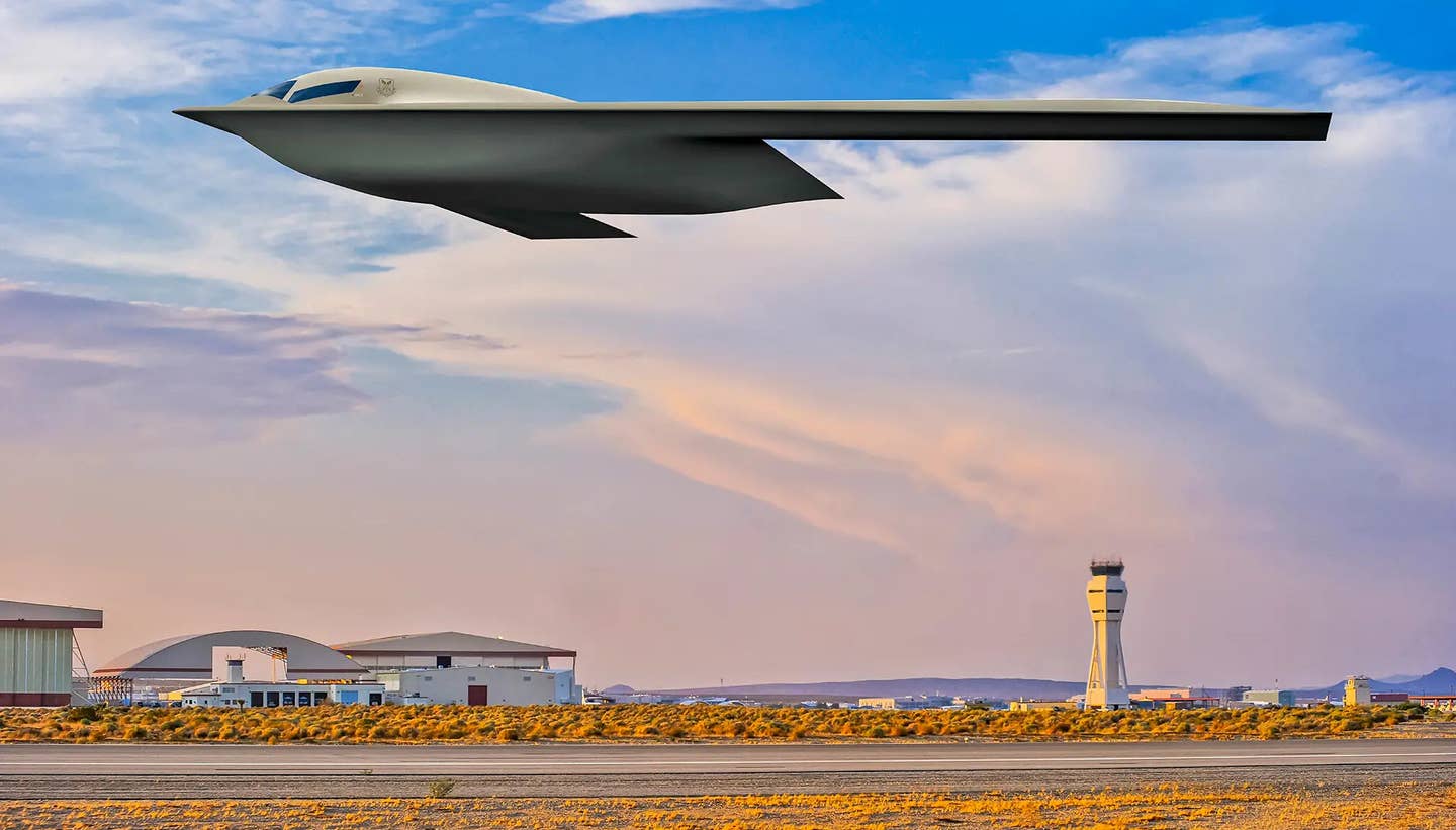 A rendering the US Air Force released in 2021 depicting a B-21 Raider in flight. <em>USAF</em>