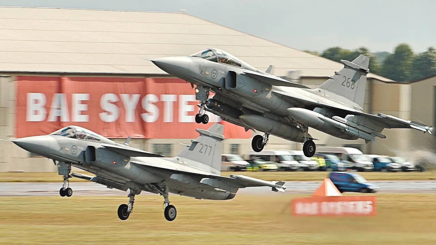 Two Swedish Gripen C fighter jets at the RIAT 2016 air show in the United Kingdom.&nbsp;<em>Airwolfhound via Wikimedia</em> <em>Commons, CC-BY-SA-2.0</em>