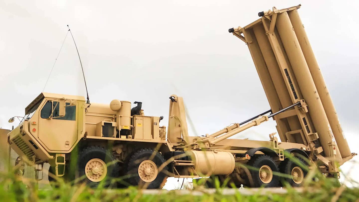 A road-mobile launcher associated with the Terminal High Altitude Area Defense (THAAD) system. <em>US Army</em>