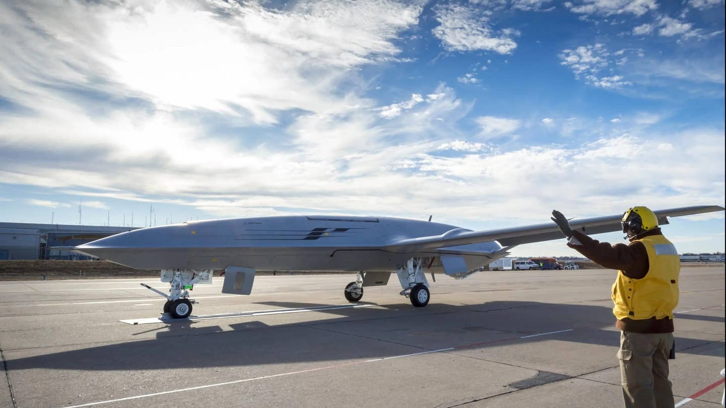 Deck-handling demonstration of the MQ-25 T1, January 2018, at the Boeing facility in St. Louis, Missouri.&nbsp;<em>Boeing</em>