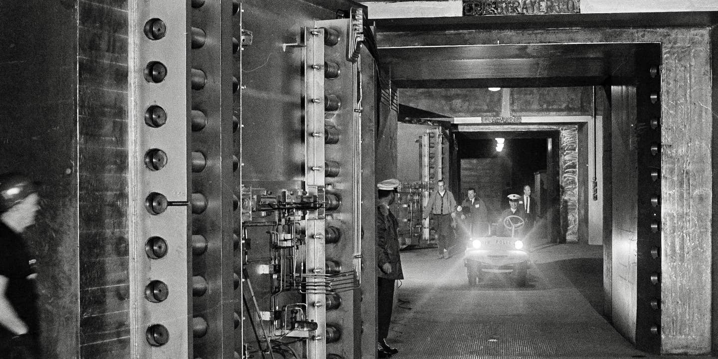 Two massive steel doors weighing 30 tons each are among the devices that will seal off the North American Air Defense Command's underground combat operations center in the event of an attack, shown Jan. 26, 1966. The doors, 26 inches thick, are installed in 17-feet thick reinforced concrete barriers in the tunnel leading go the defense command post inside Cheyenne Mountain, near Colorado Springs, Colo. (AP Photo)