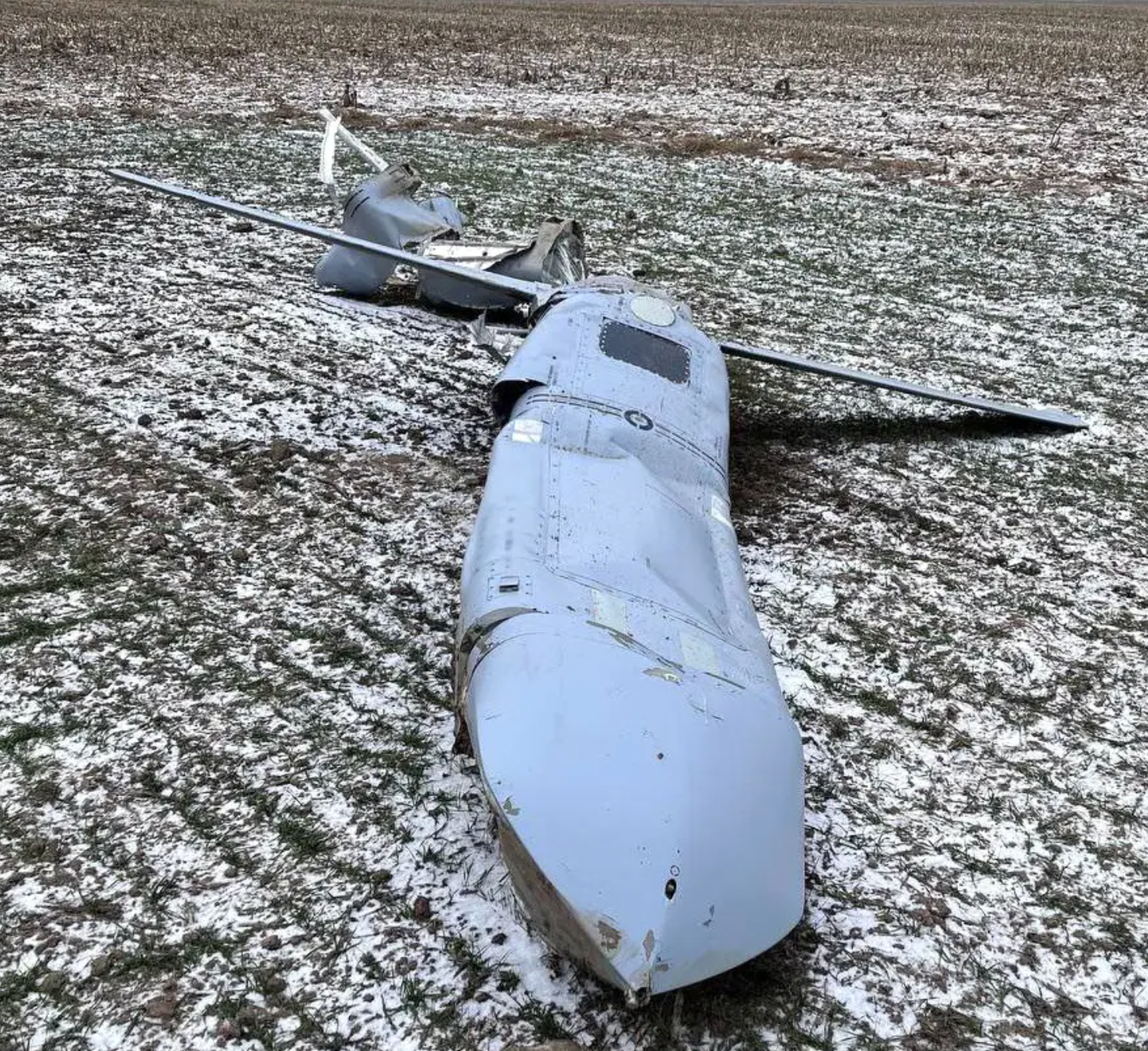Wreckage of a largely intact Kh-101 reportedly shot down by Ukrainian forces in the central Vinnytsia region of Ukraine in January 2023. <em>Ukrainian Air Force</em>