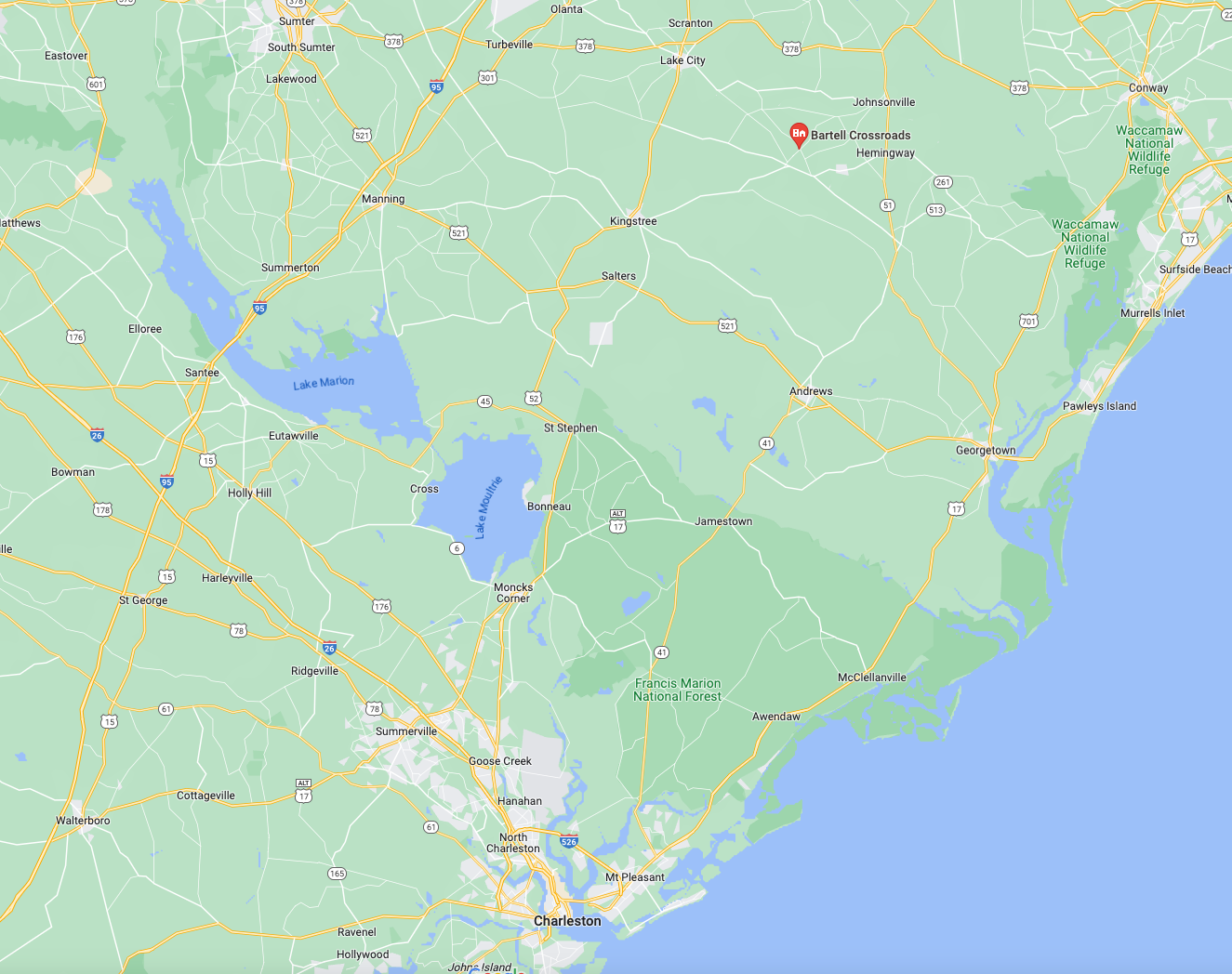De crashscène zou zich voordoen nabij Bartell Crossroads, gelegen ten westen van Hemingway, South Carolina.  (Google Maps)