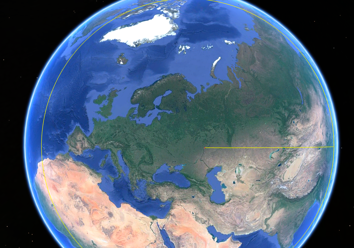 The considerably expanded reach of the Kh-BD, based on the claimed range of 3,700 miles. Engels is the launch point. <em>Google Earth</em>