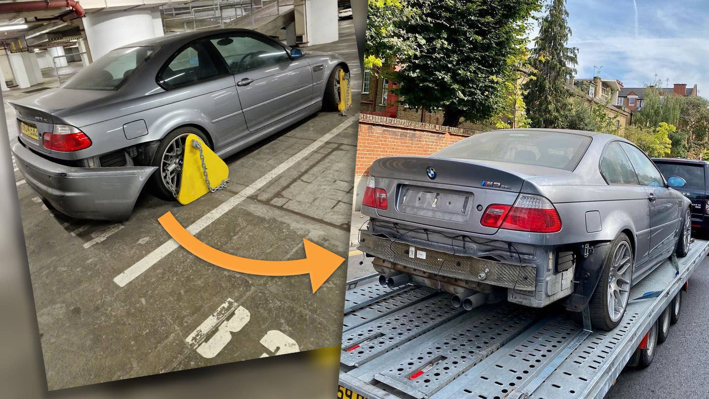 2004 BMW M3 CSL abandoned in a London garage on the left, then moved to a trailer on the right