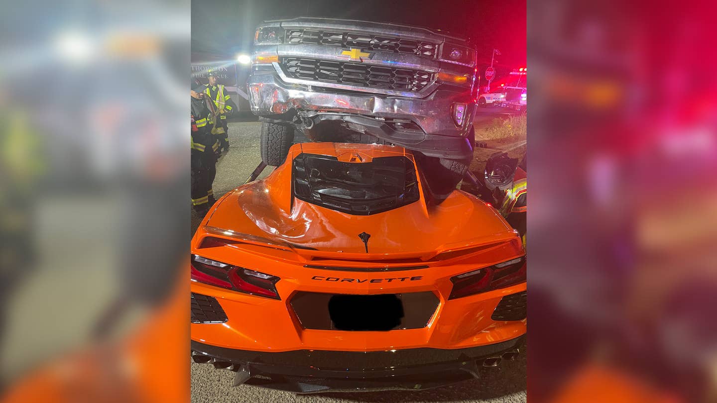 A Chevy Corvette Got Squashed by a Silverado and Its Passengers Walked Away