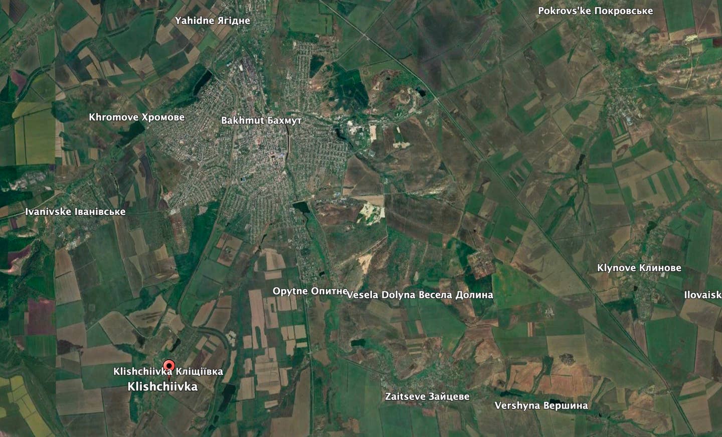 Klischiivka, a small hamlet about two miles south of Bakhmut, sits on a tactically important high ground overlooking the city. (Google Earth image)