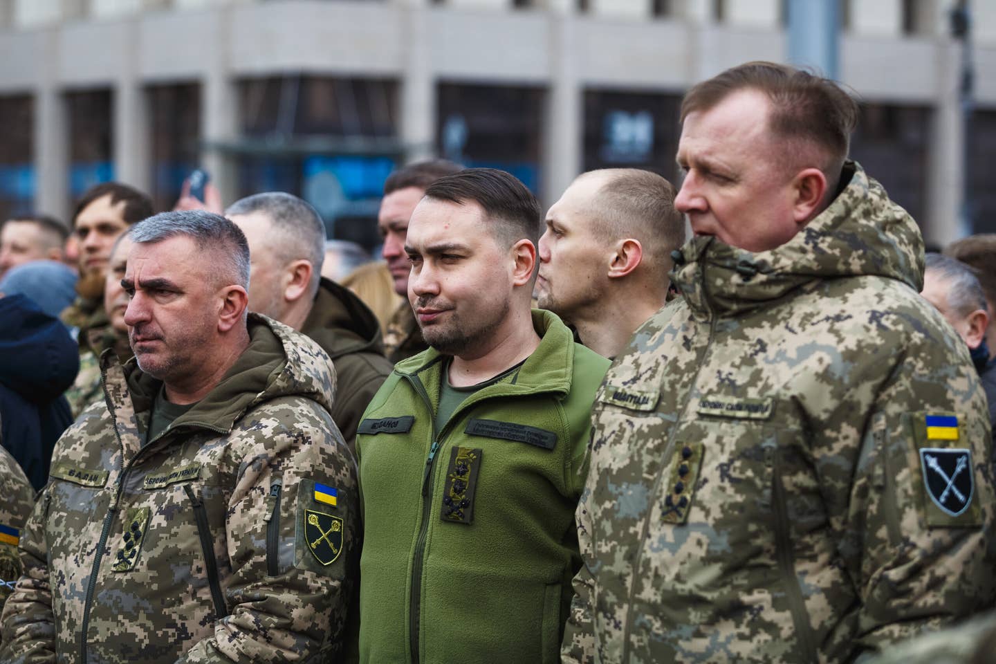 Now Lt. Gen. Kyrylo Budanov (C) attends the farewell ceremony for Dmytro Kotsiubailo on Independence Square on March 10, 2023 in Kyiv, Ukraine. (Photo by Yurii Stefanyak/Global Images Ukraine via Getty Images)