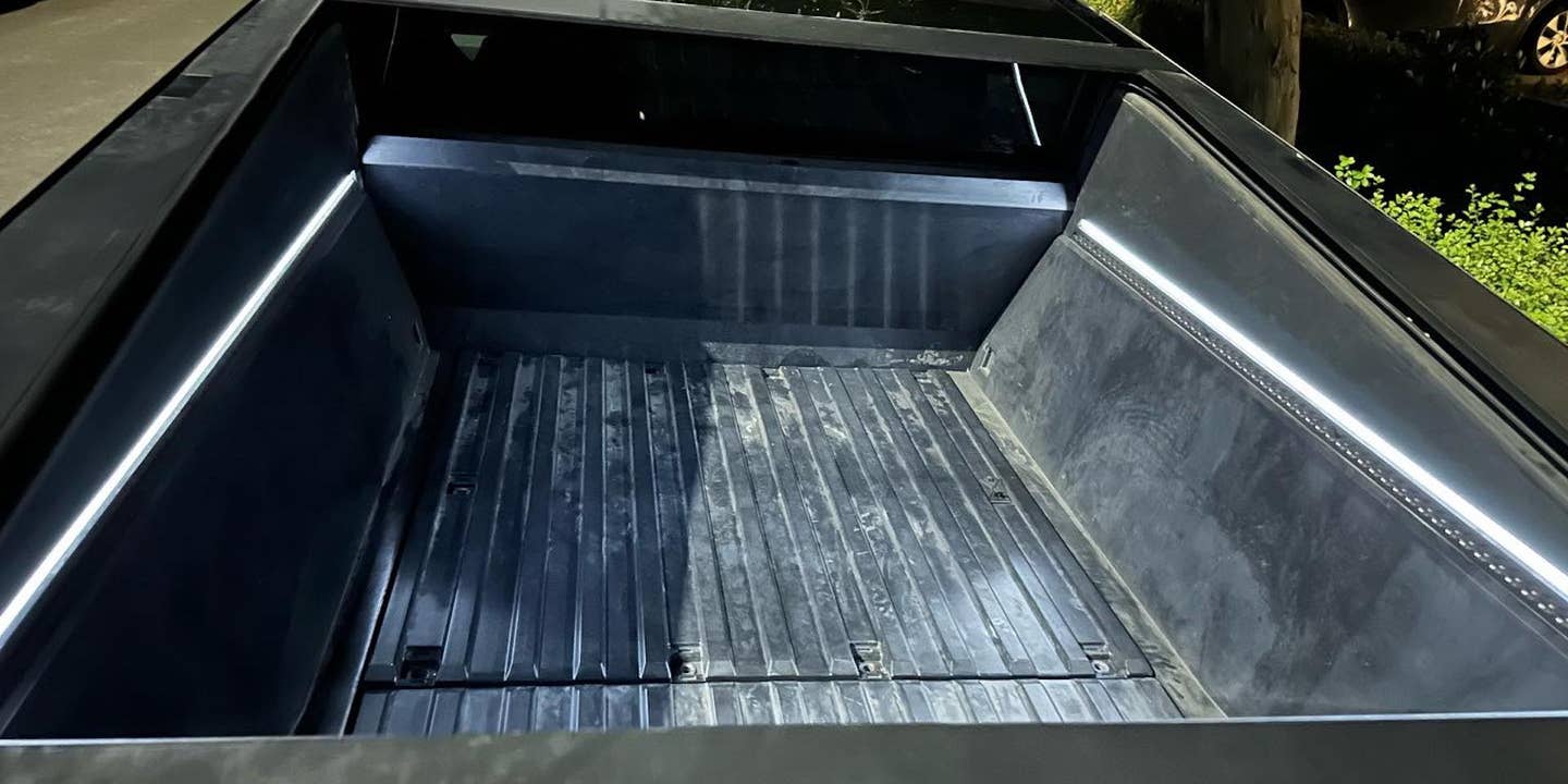 A view down into the bed of the pre-production Tesla Cybertruck