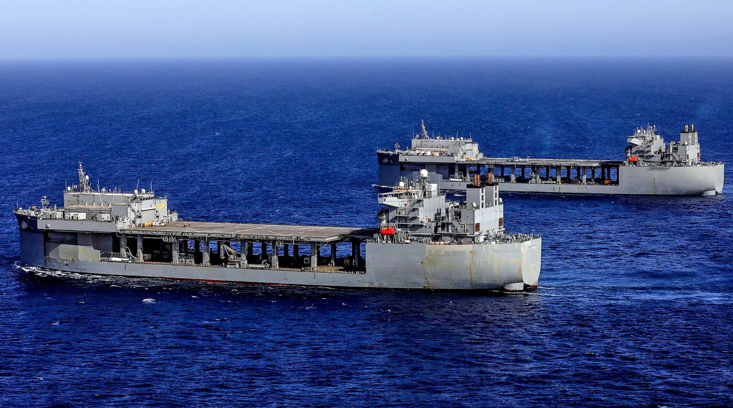 Expeditionary sea bases USS<em>&nbsp;Hershel “Woody” Williams</em>&nbsp;(ESB 4) and&nbsp;<em>USS Lewis B. Puller</em>&nbsp;(ESB 3) sail together in the Gulf of Aden.&nbsp;<em>U.S. Army Photo by Spc. Frederick Poirier</em>