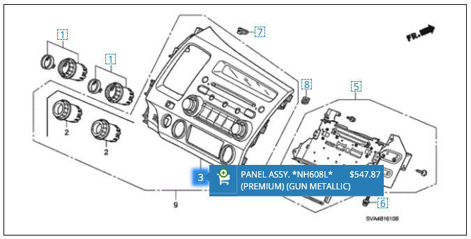 The strip at the top of the CD player faceplate (shape just left of the "8" in this parts diagram) is what I was looking to replace.<em> Honda</em>