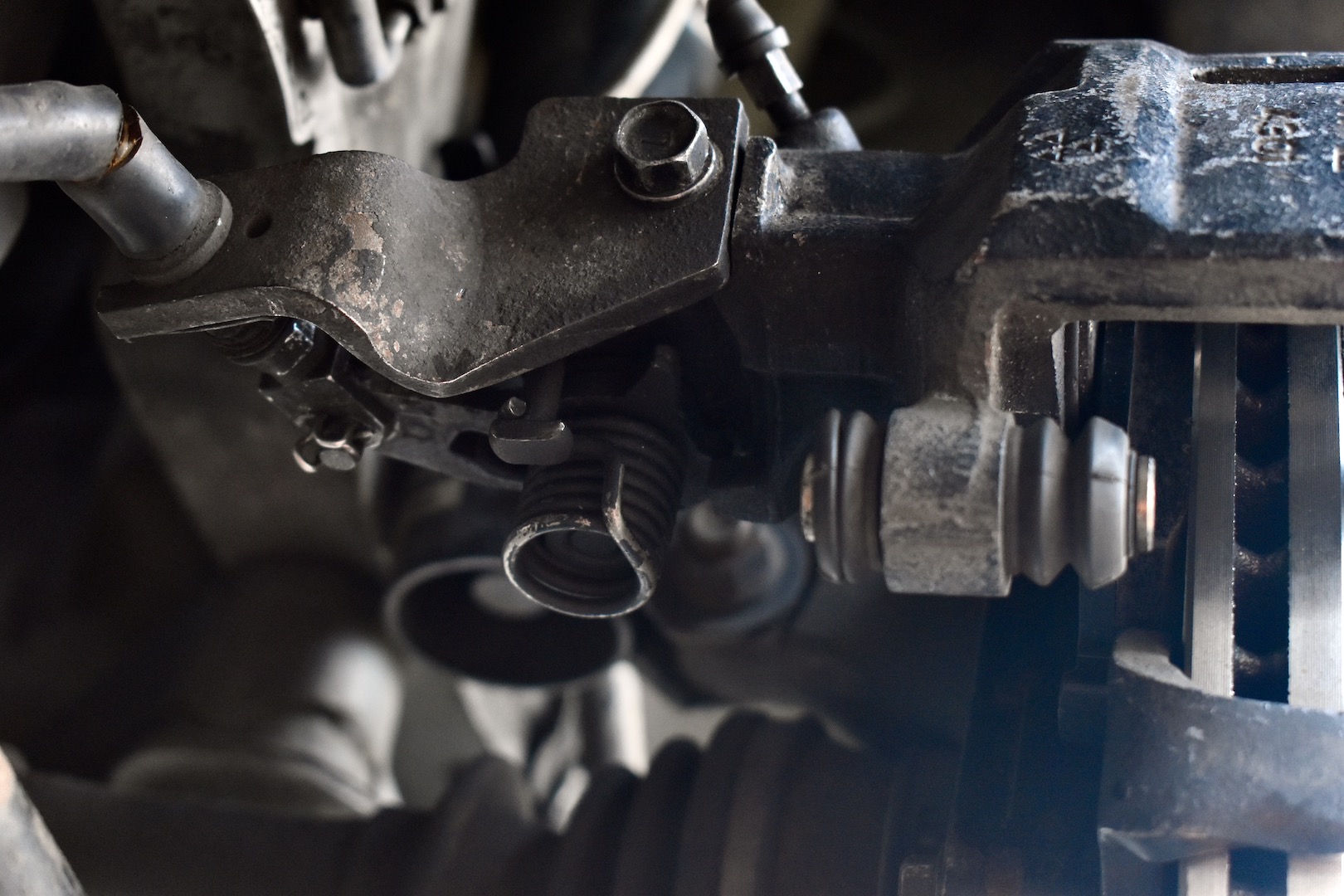 Handbrake attachment point on a Toyota MR2's rear brakes.