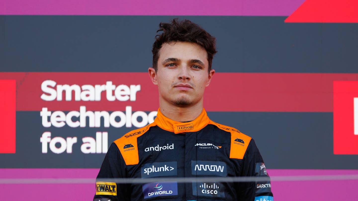 Suzuka, Japan, Sunday 24 September: Lando Norris (GBR) of team McLaren on the presentation stage during the 2023 Japan Formula One Grand Prix. Fee liable image, photo and copyright © PETERSON Mark ATP Images