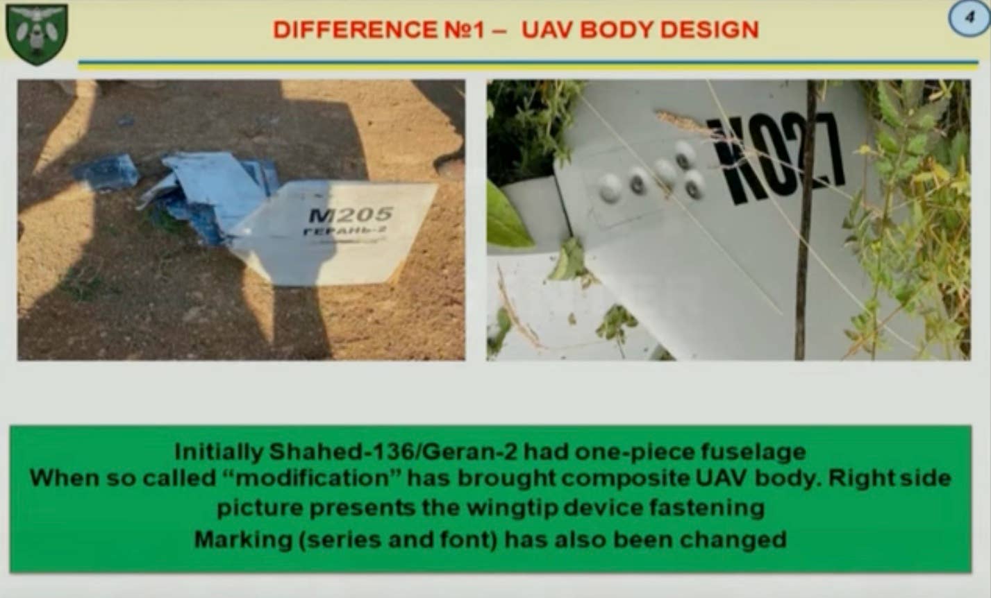 Nové drony Shahed-136 mají kompozitní tělo namísto modulárního, jednodílného trupu, říká Ukrajina.  (screencap Ukrajinského vojenského mediálního centra)