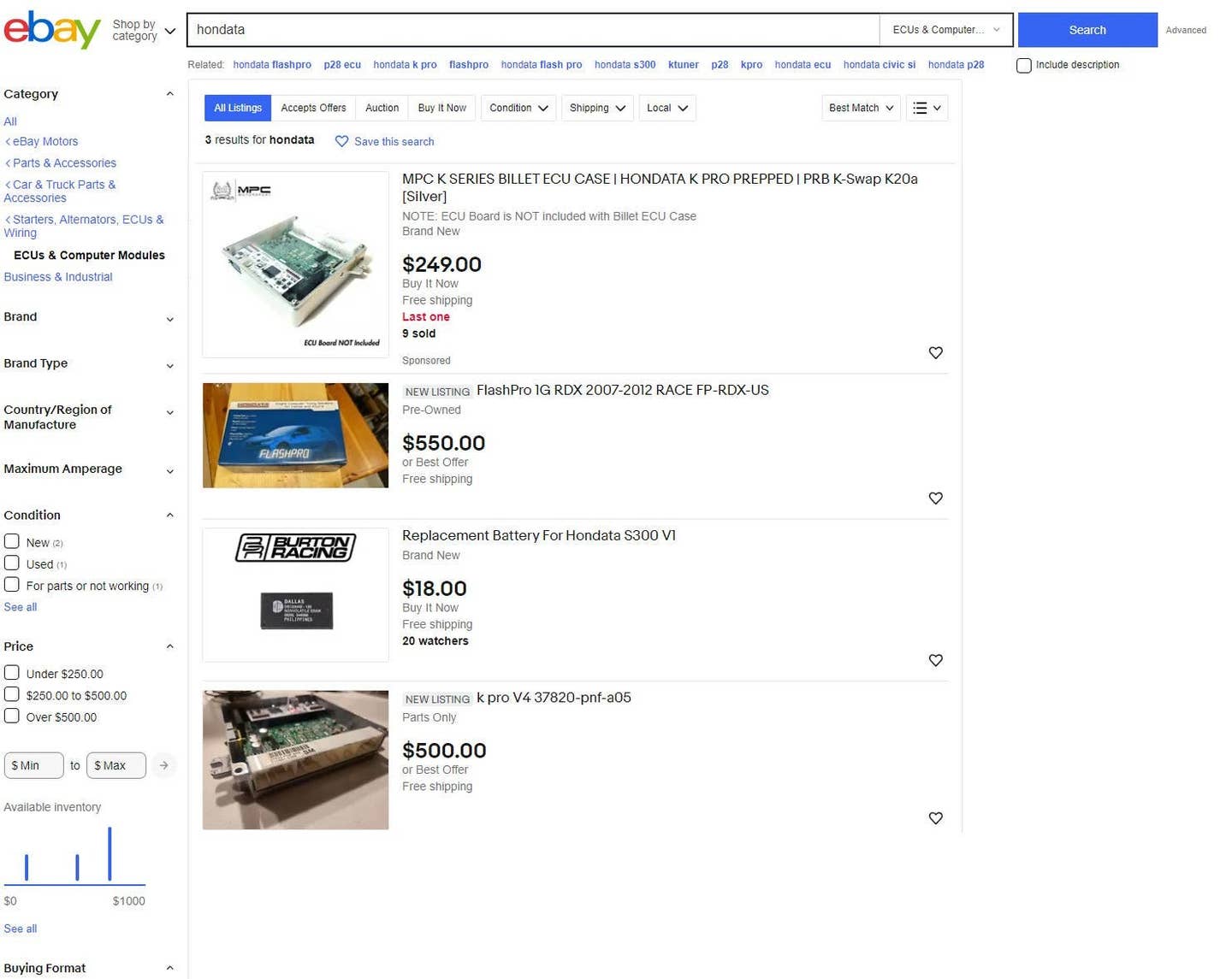 Aftermarket tuning parts that were listed on eBay. <em>Ebay screenshot</em>