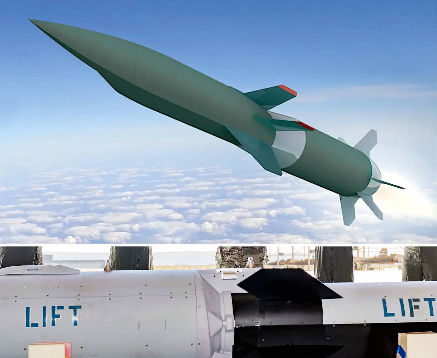 A rendering DARPA previously released in relation to the HAWC program above what can be seen of the hypersonic cruise missile in the picture from the training event at Edwards Air Force Base yesterday. <em>DARPA/USAF</em>