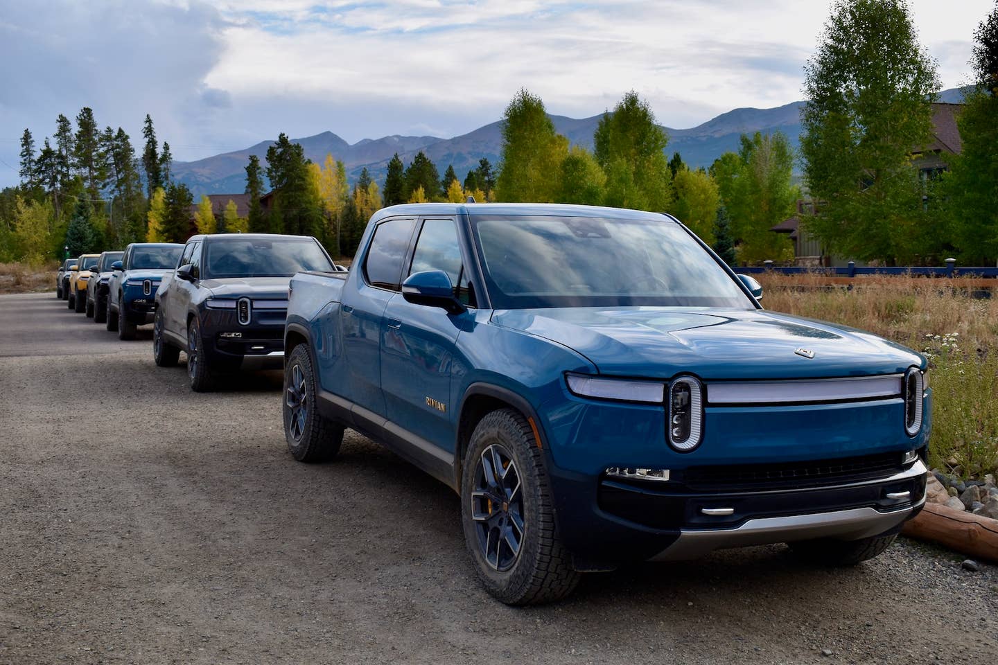 Pre-production 2022 Rivian R1Ts lined up in Colorado