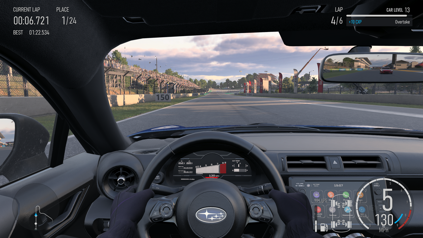Gameplay capture from Forza Motorsport of the interior view of a Subaru BRZ driven at Catalunya.