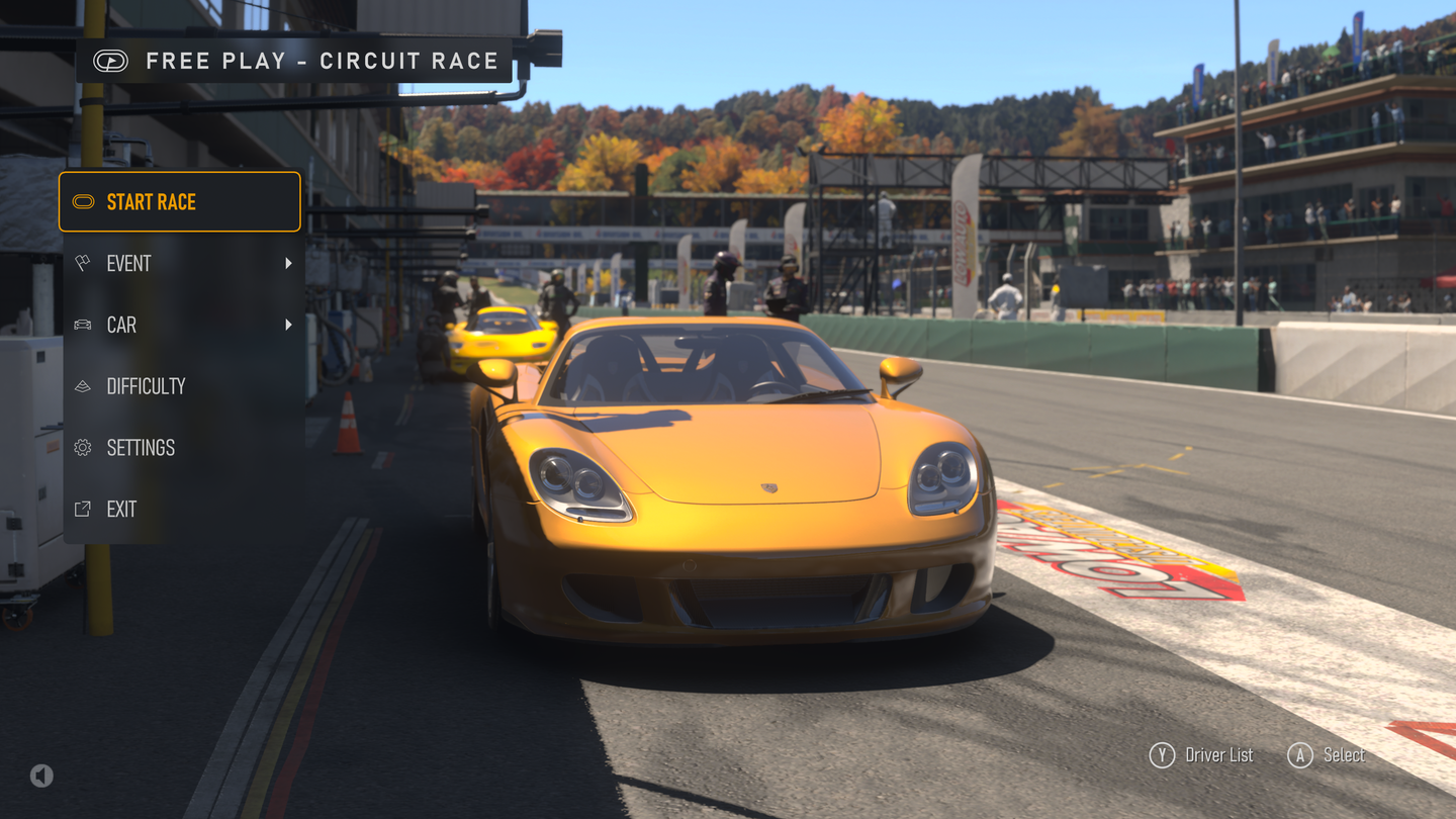 Menu capture from Forza Motorsport of a Porsche Carrera GT in the pit lane of Maple Valley before the start of a race.