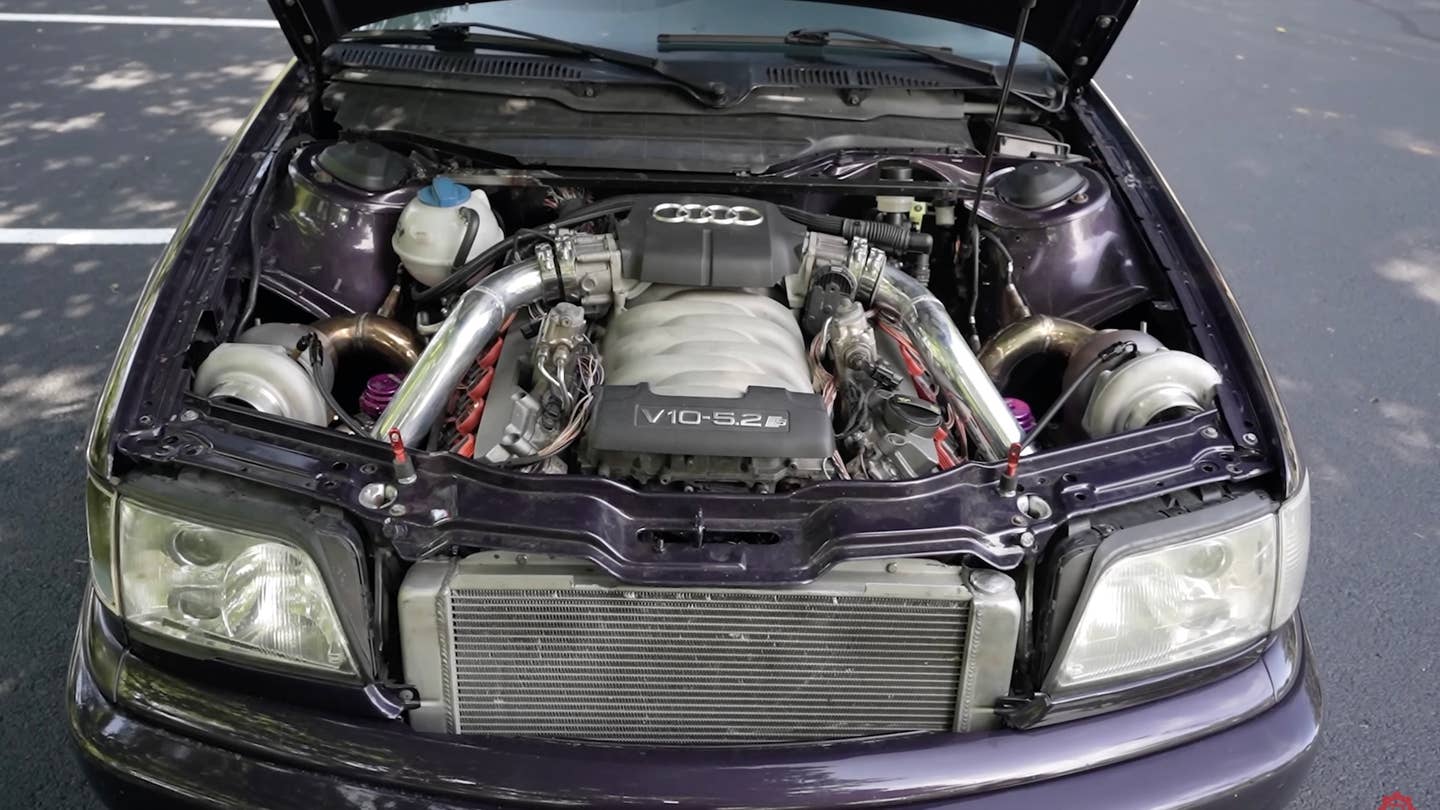Audi S6 Avant engine bay with a twin-turbo V10