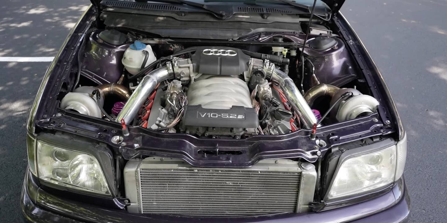 Audi S6 Avant engine bay with a twin-turbo V10