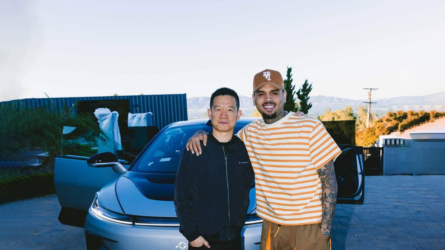 Chris Brown pictured with Faraday Future founder YT Jia.