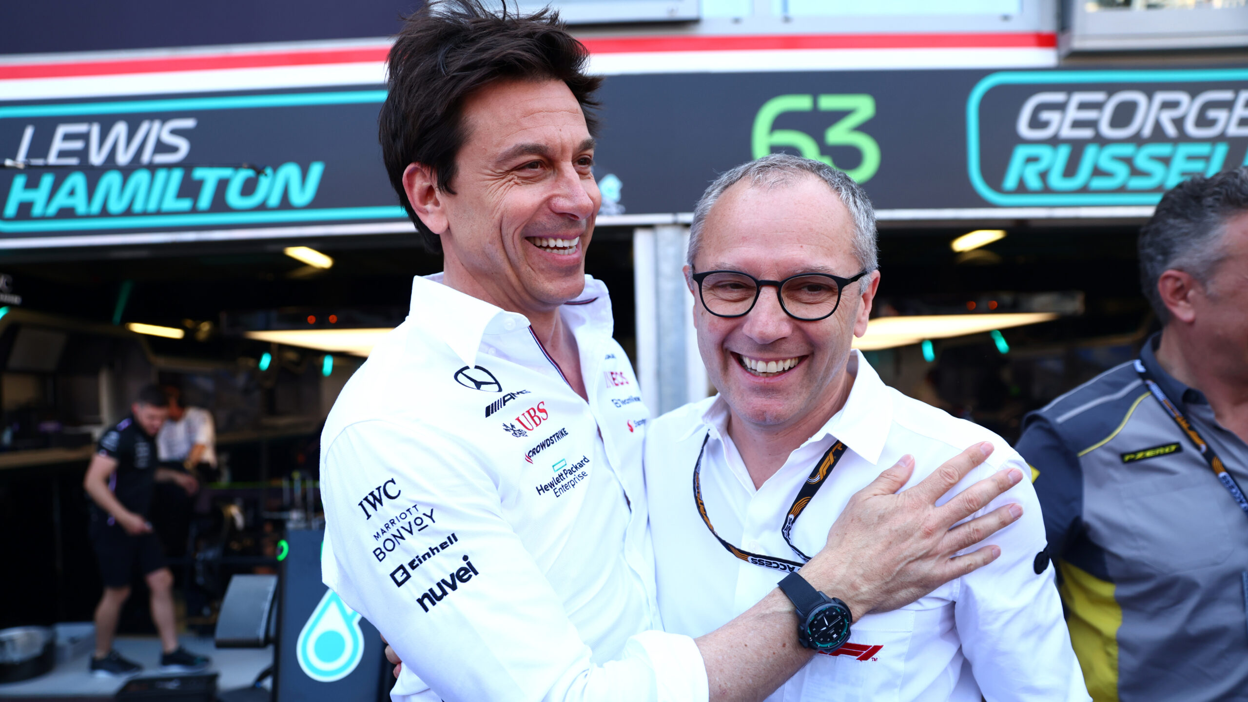 MONTE-CARLO, MONACO - MAY 27: Mercedes GP Executive Director Toto Wolff talks with Stefano Domenicali, CEO of the Formula One Group, during qualifying ahead of the F1 Grand Prix of Monaco at Circuit de Monaco on May 27, 2023 in Monte-Carlo, Monaco. (Photo by Dan Istitene - Formula 1/Formula 1 via Getty Images)