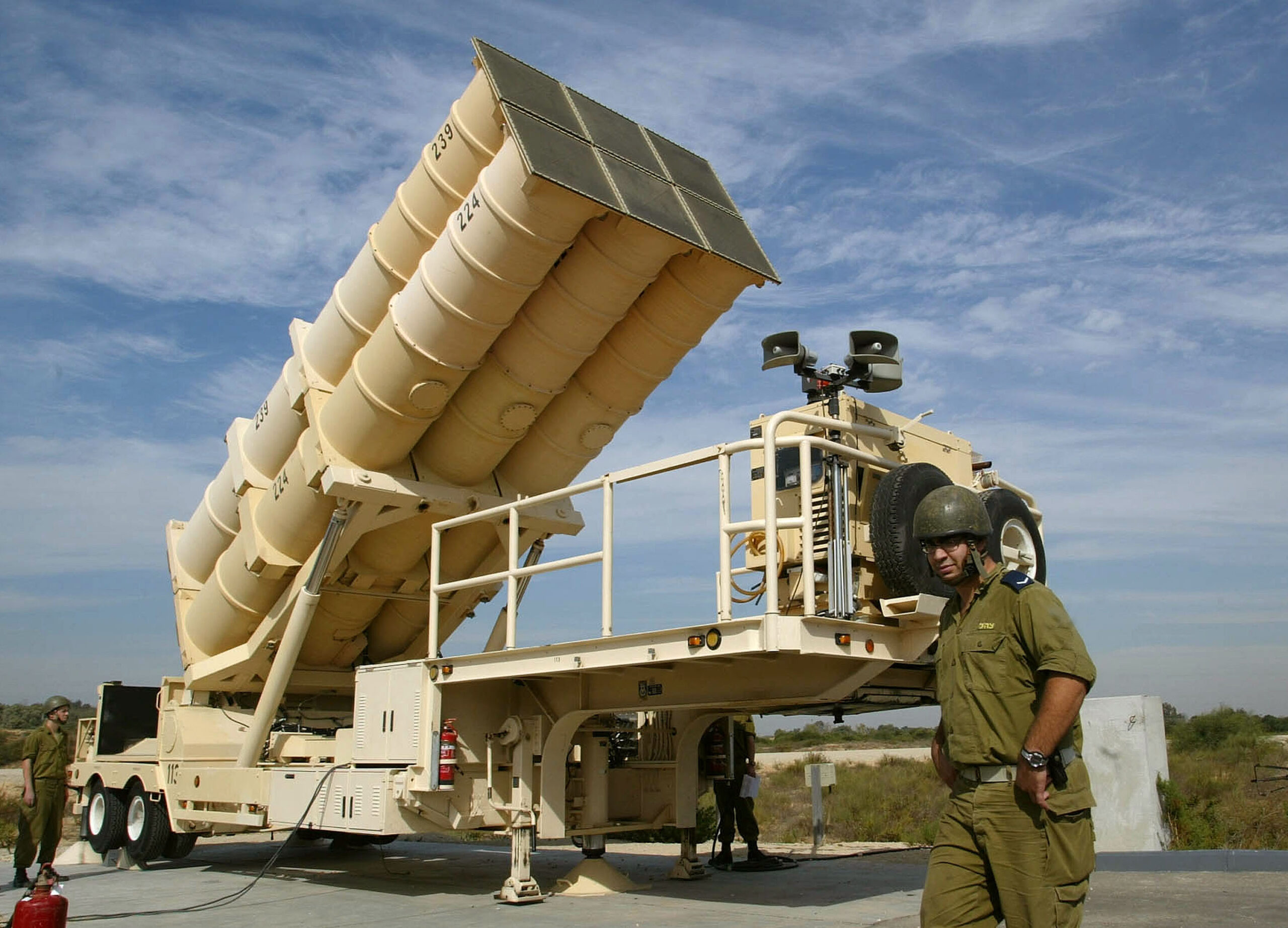 PALMAHIM, ISRAEL - NOVEMBER 7:  A battery of six Arrow missiles is raised into launch position at the Israeli Air Force's Palmahim base, as the anti-ballistic missile system is put on rare display to the news media, November 7, 2002 in Palmahim, Israel. Following the failure of the U.S.-built Patriot missiles to successfully intercept the 39 Iraqi scud missiles directed at it during the 1991 Gulf War, Israel developed the $2.2 billion Arrow system, which has been tested to detect, track and destroy a missile in under three minutes at altitudes of more than 30 miles, 50 kilometers.  (Photo by Getty Images)