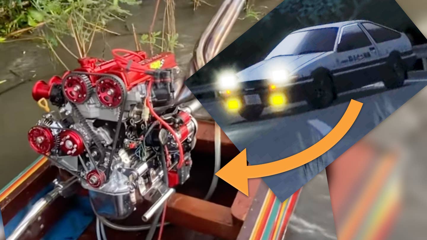 Toyota 4A-GE engine mounted in a boat with an overlay of an AE86 Toyota Corolla floating next to it