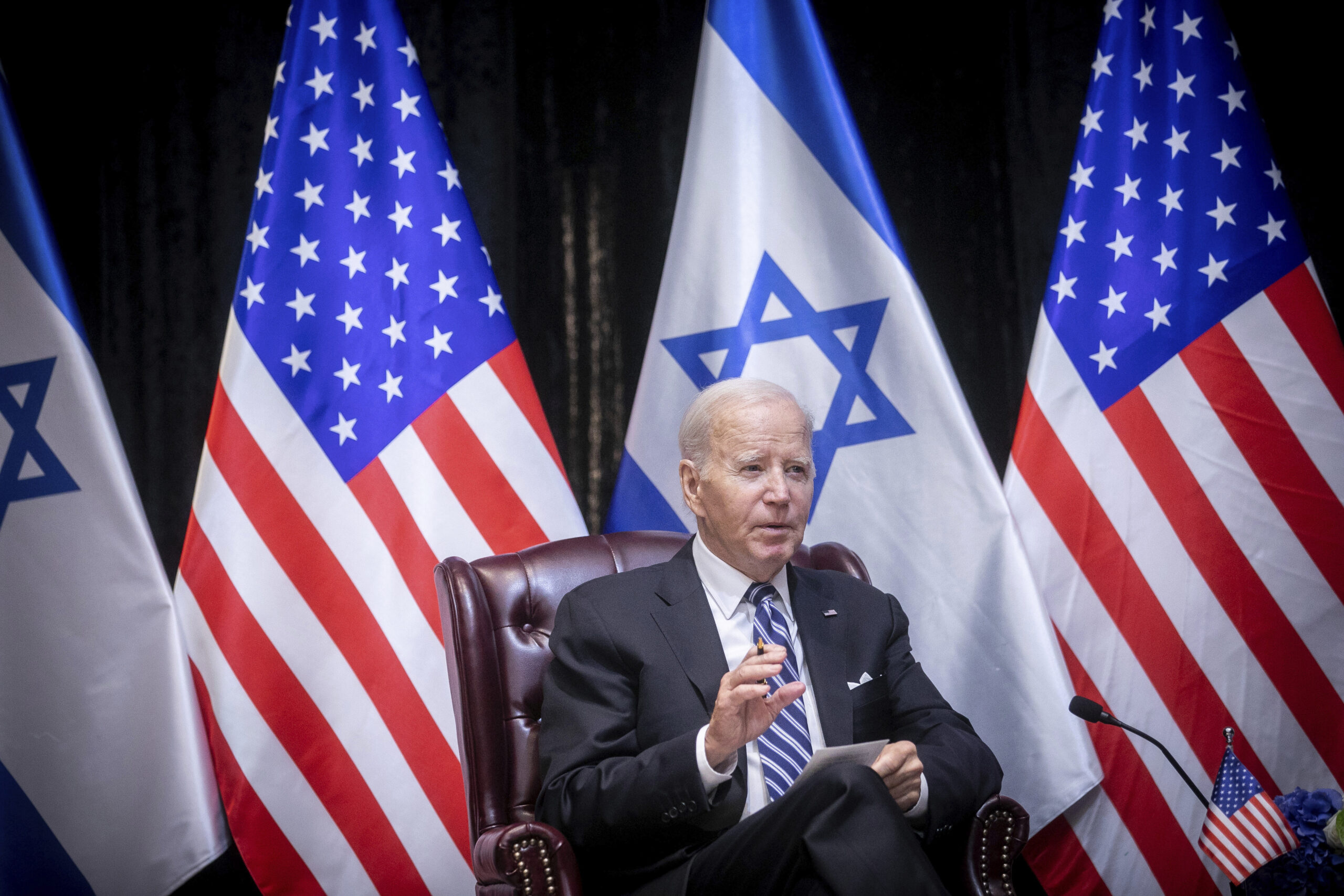 U.S. President Joe Biden speaks during a meeting with Israeli Prime Minister Benjamin Netanyahu to discuss the war between Israel and Hamas, in Tel Aviv, Israel, Wednesday, Oct. 18, 2023. (Miriam Alster/Pool Photo via AP)