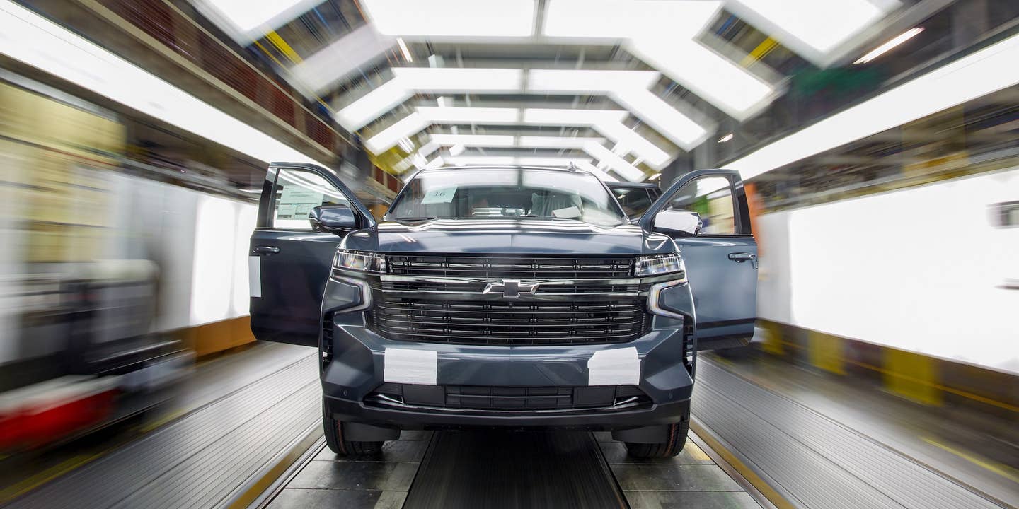 A 2021 Chevrolet Tahoe on the assembly line at GM’s Arlington Assembly plant.