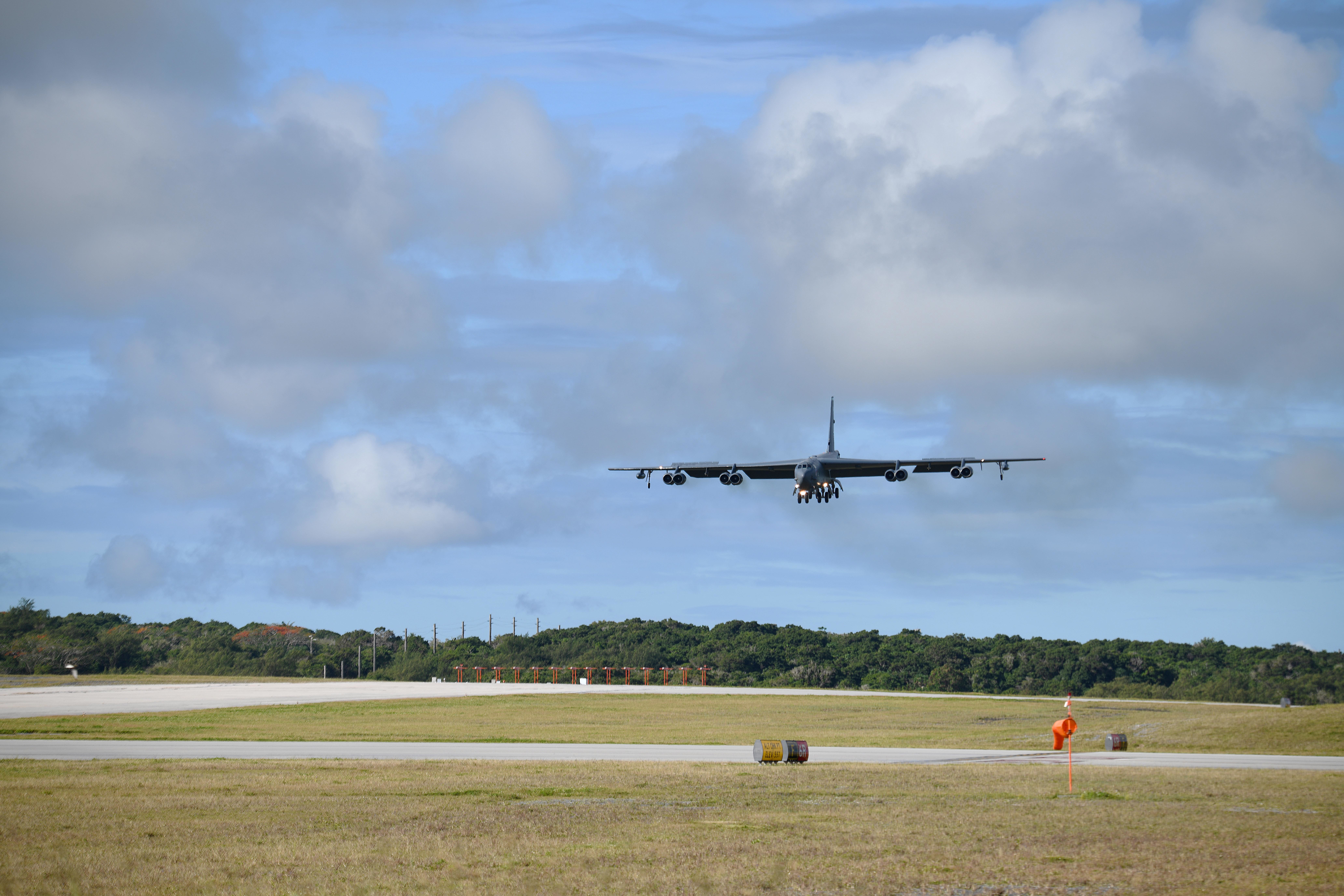 A B-52H assigned to Barksdale Air Force Base, Louisiana, arrives at Andersen Air Force Base, Guam, in support of a previous Bomber Task Force deployment, in January 2020. <em>U.S. Air Force photo by 1st Lt. Denise C. Guiao-Corpuz</em><br>