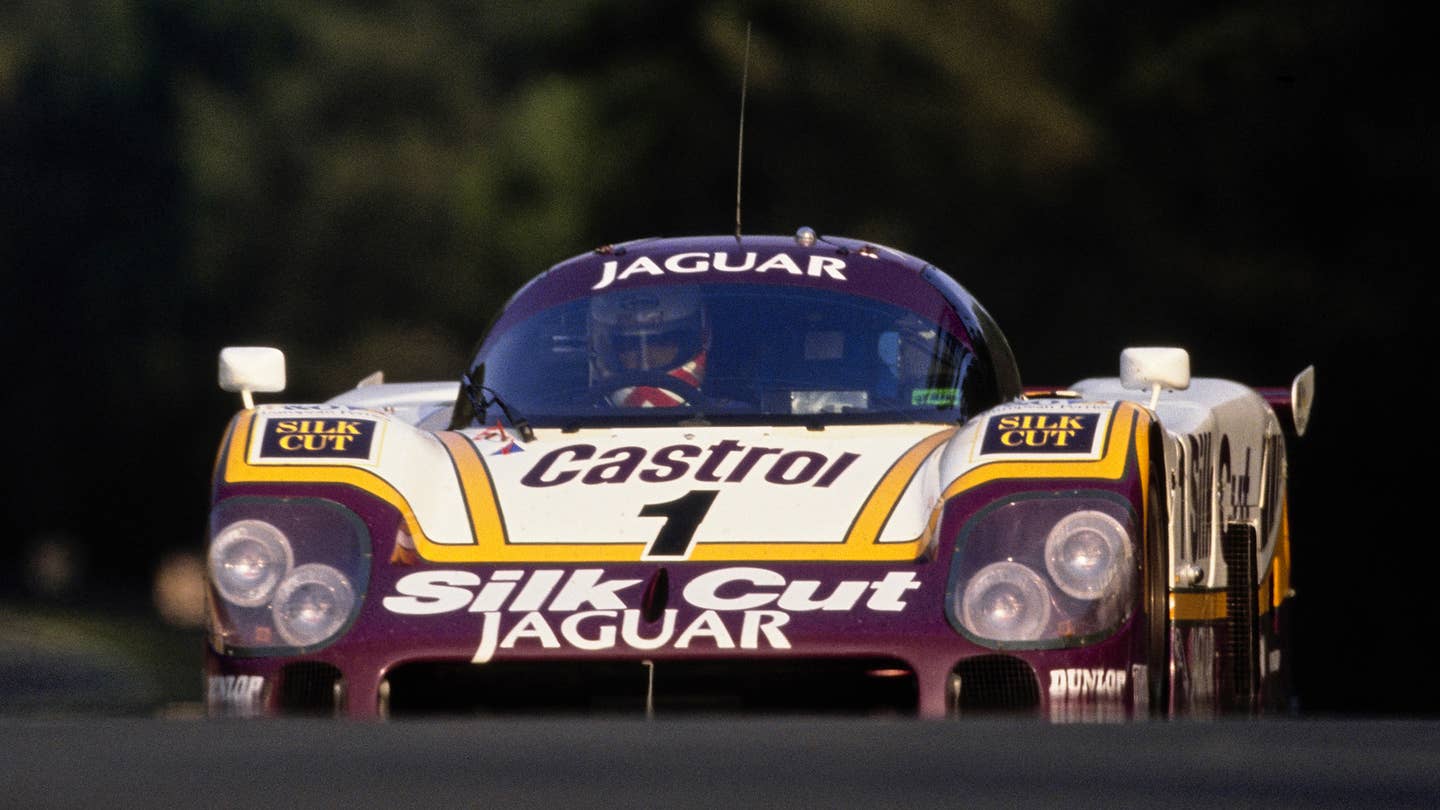 Silk Cut Jaguar XJR-9 races at the 1988 24 Hours of Le Mans.