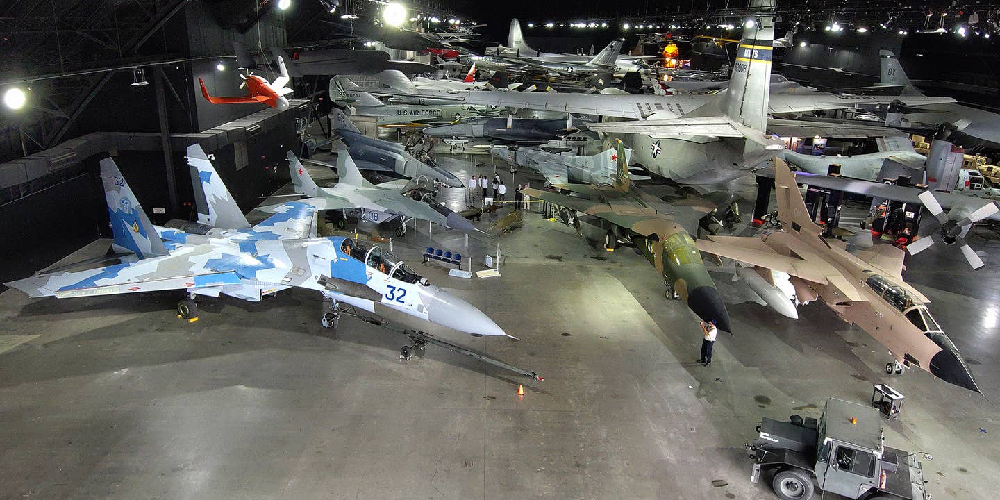 An Su-27UB Flanker-C sits in the hangar of the Cold War Gallery, National Museum of the U.S. Air Force
