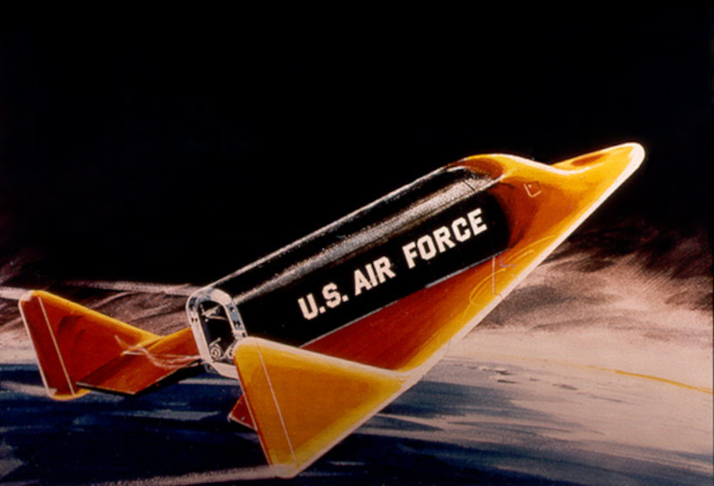 Artwork depicting an X-20 Dyna-Soar spaceplane re-entering the Earth's atmosphere. <em>NASA</em>