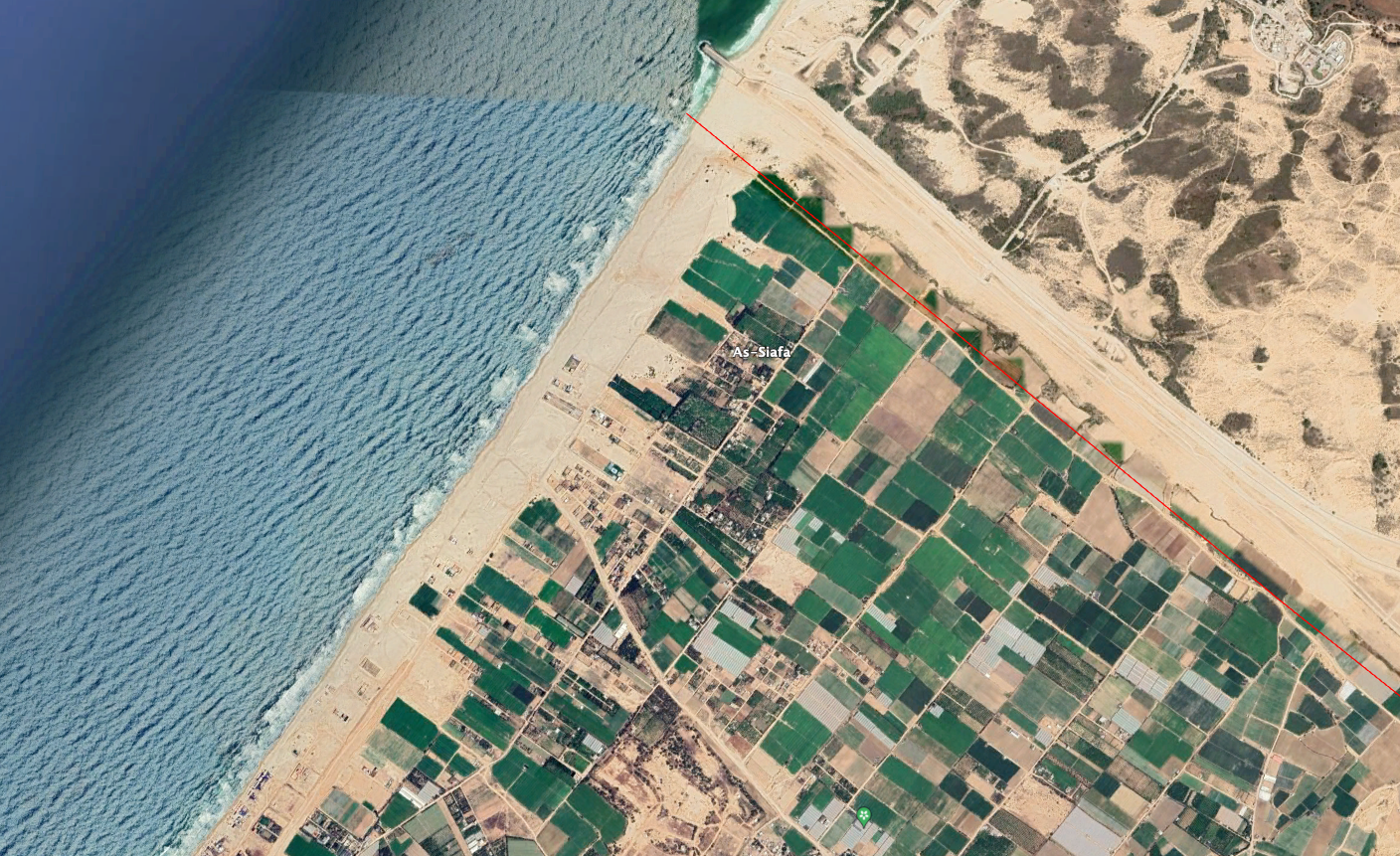 Satelitní snímek zachycující severozápadní roh pásma Gazy, včetně pláží na pobřeží Středozemního moře.  (Google Earth)