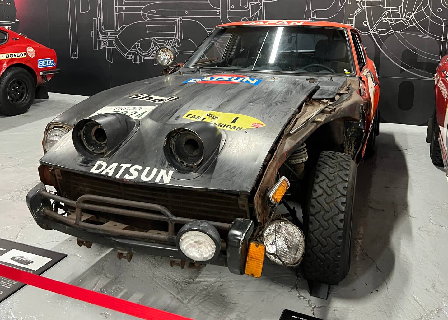 East African Safari Rally Datsun 240Z in unrestored, as-raced condition.