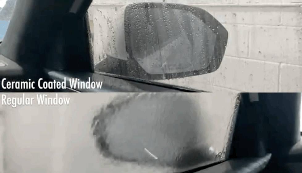 Water beads forming cleanly on a ceramic-coated window, compared to water blocking visibility on an uncoated window.