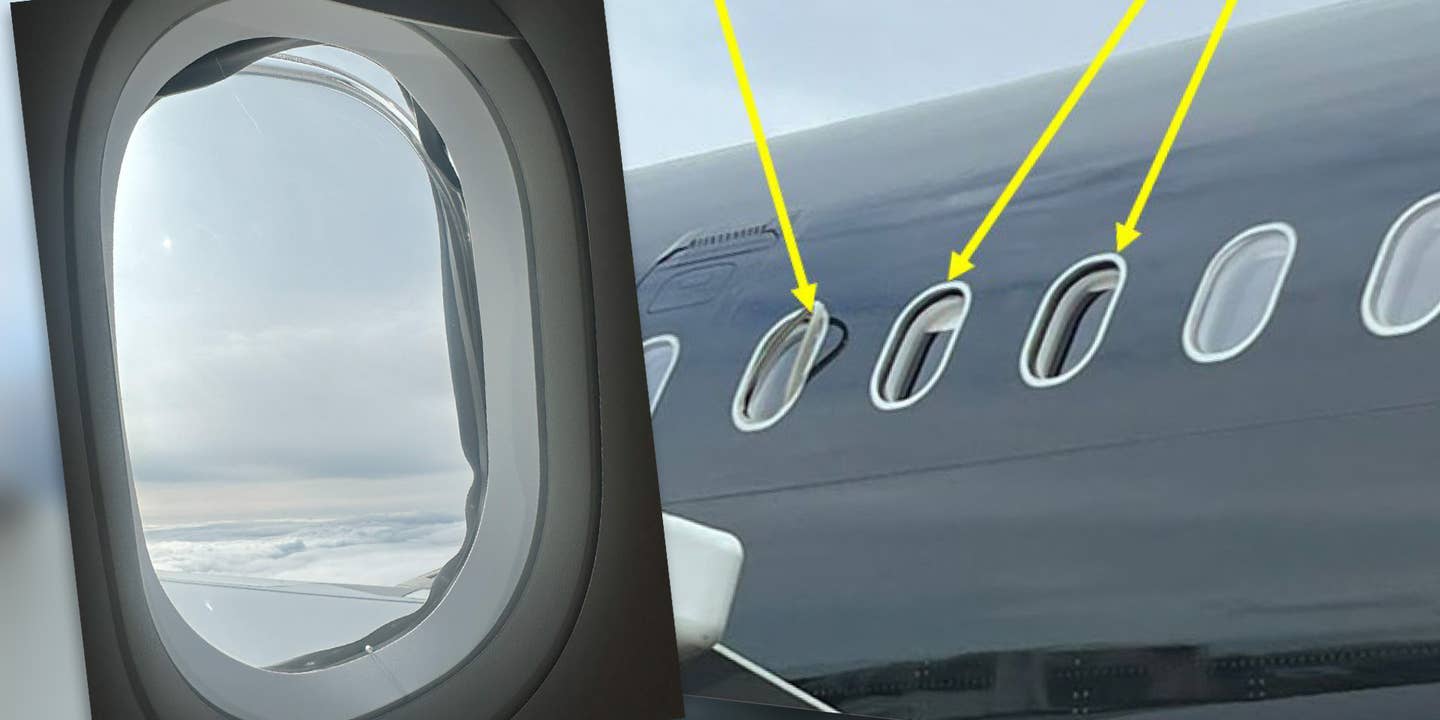 An airliner missing windows, plus a view from inside