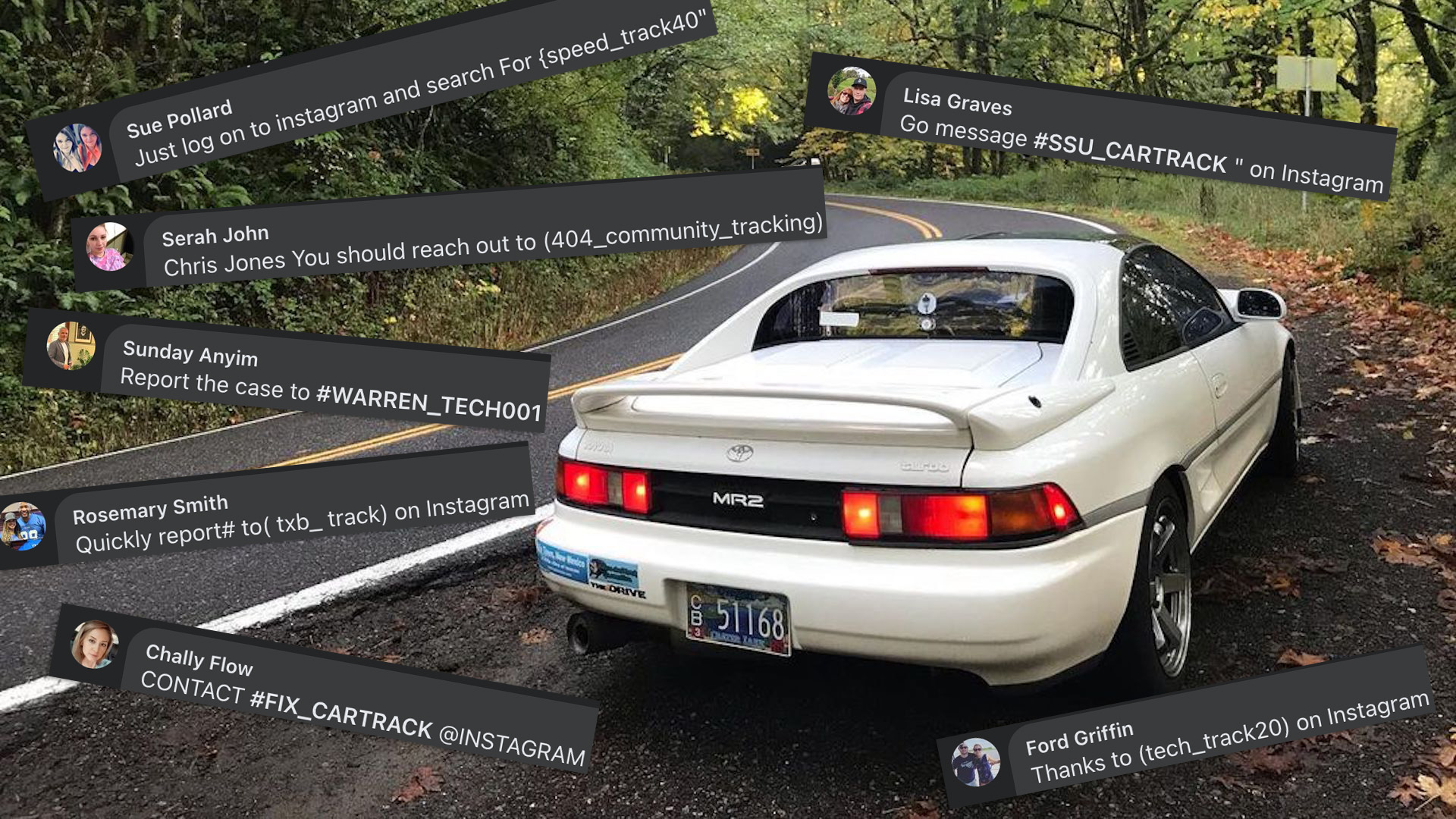 Screen captures of automated scam messages on Facebook directing users to seek out fake Instagram accounts. The comments float over a picture of a white Toyota MR2 sports car on a winding road flanked by trees with yellowing leaves of the autumn.