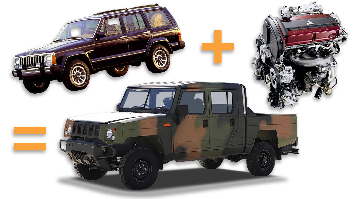 A Jeep Cherokee (XJ) and Mitsubishi 4G63T engine hover over a BAW BJ2022 pickup truck