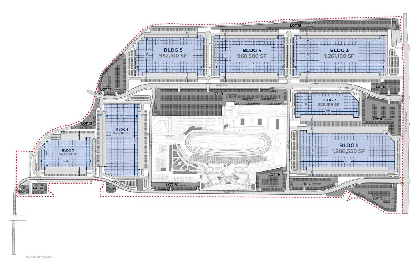 Plans for the Auto Club Speedway site showing the new oval's footprint and surrounding commercial real estate development taking up space that previously belonged to the track.