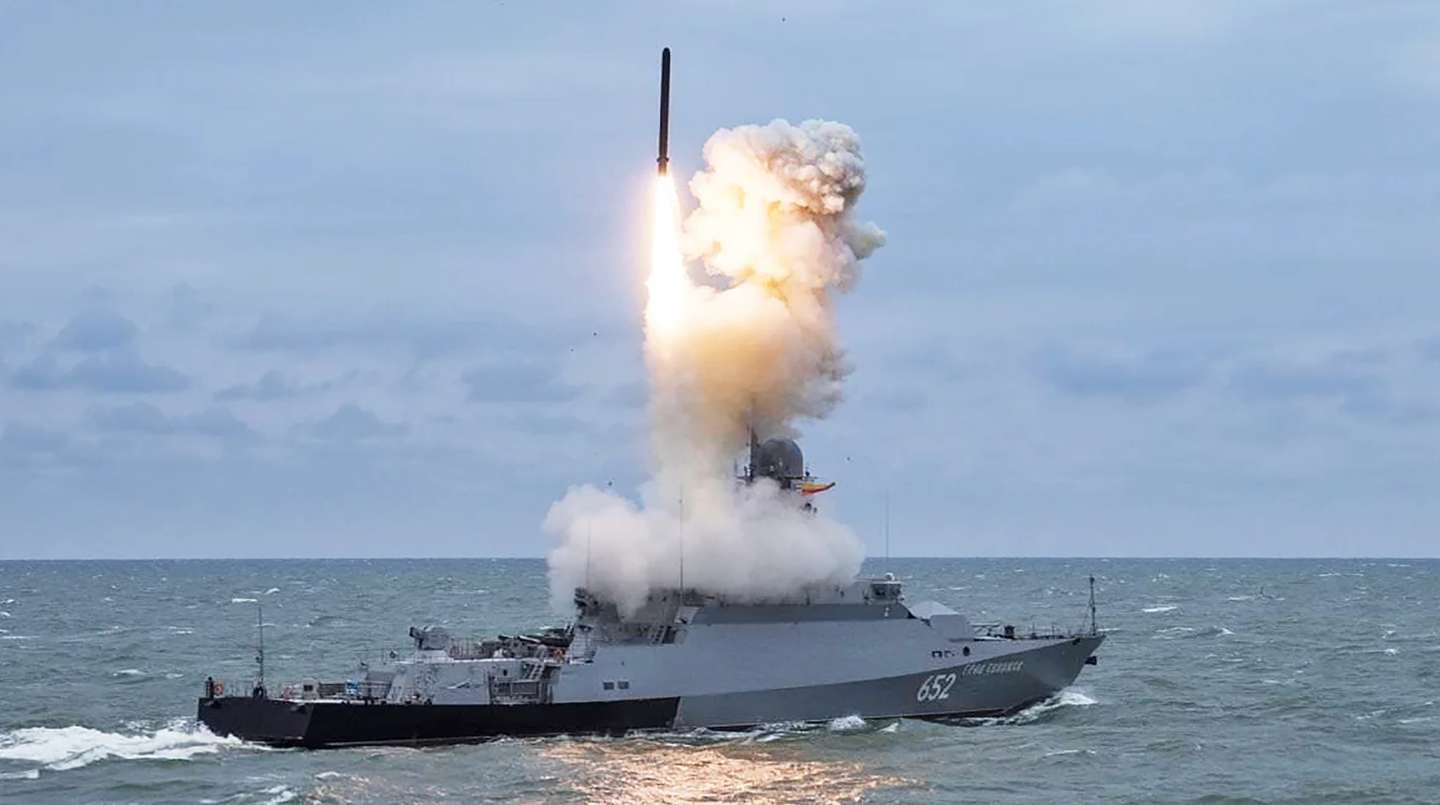 A Russian Navy <em>Buyan</em> class corvette launches a Kalibr missile before the war in Ukraine. <em>Russian Ministry of Defense</em>