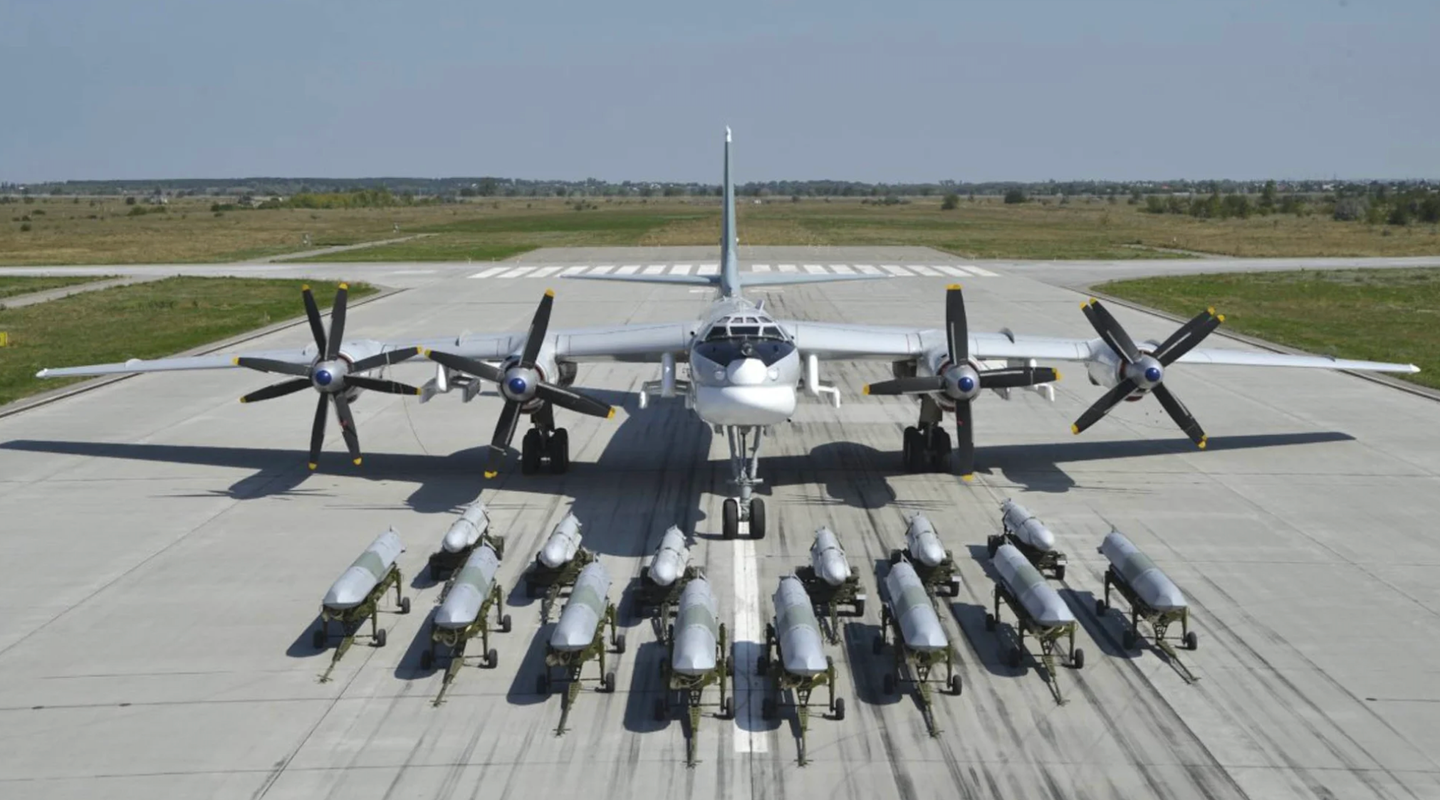 A Tu-95MS is shown with six Kh-55SMs and (nearest to the camera) eight Kh-101/102s.&nbsp;<em>Russian Ministry of Defense</em>