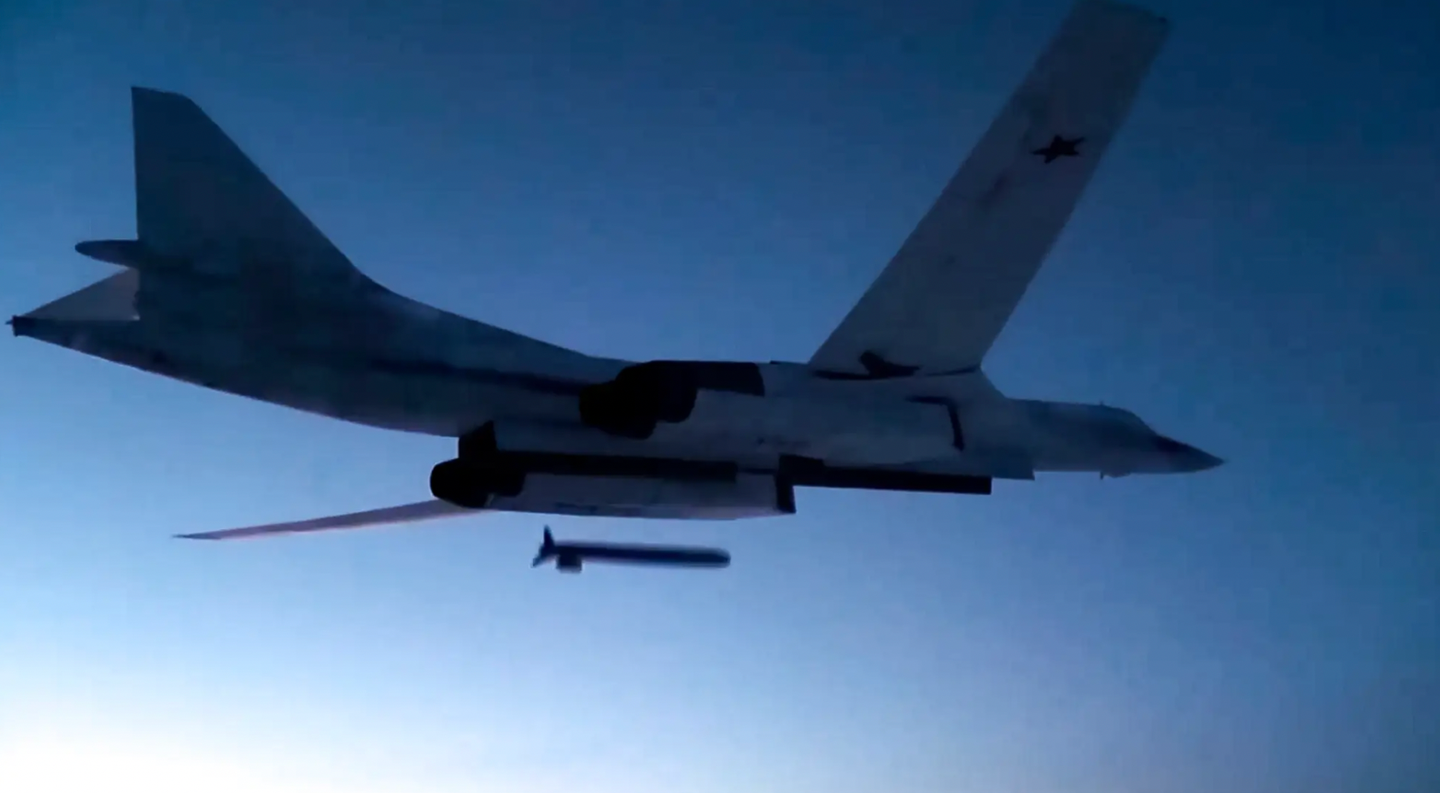 A Tu-160 launches a Kh-555 conventionally armed cruise missile at a test target during an exercise.&nbsp;<em>Russian Defense Ministry Press Service via AP</em>